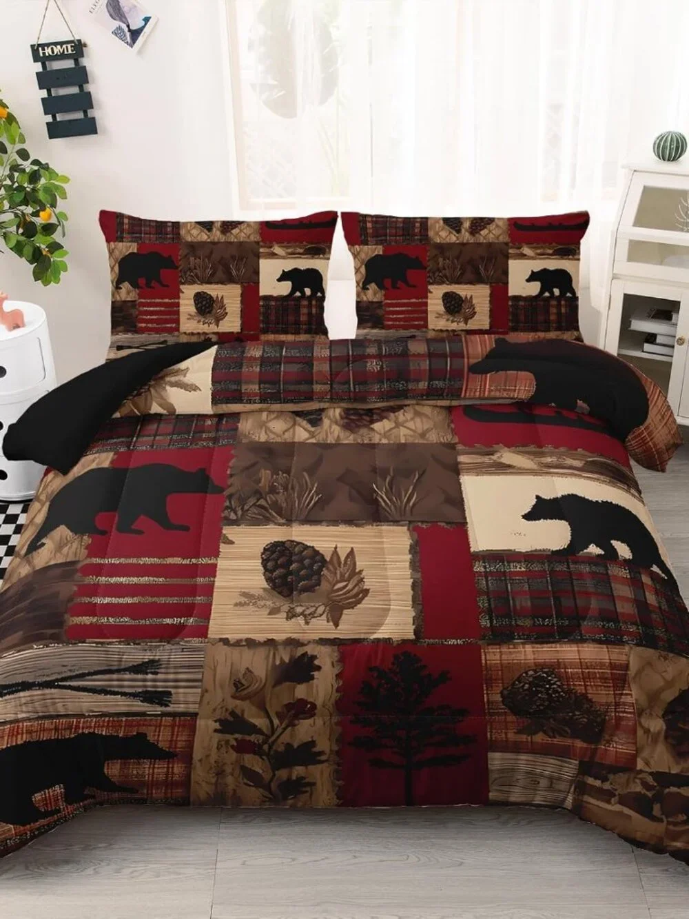 Bear Comforter Set Queen Size,Wildlife Hunting with Plants Theme 3Pcs Bedding fo
